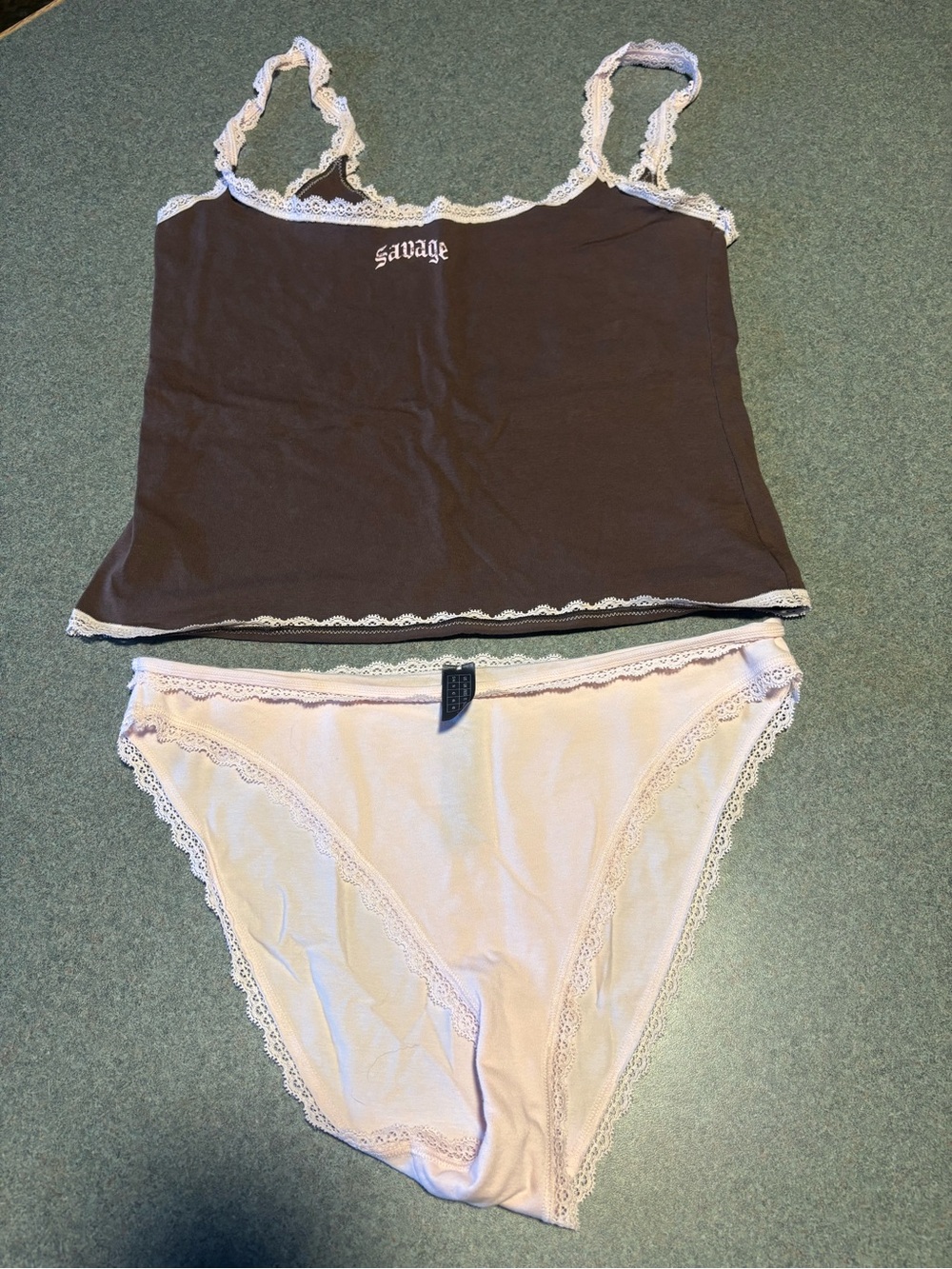 Savage X Fenty Brown Lace-Trim Cami and Cream Bikini Set